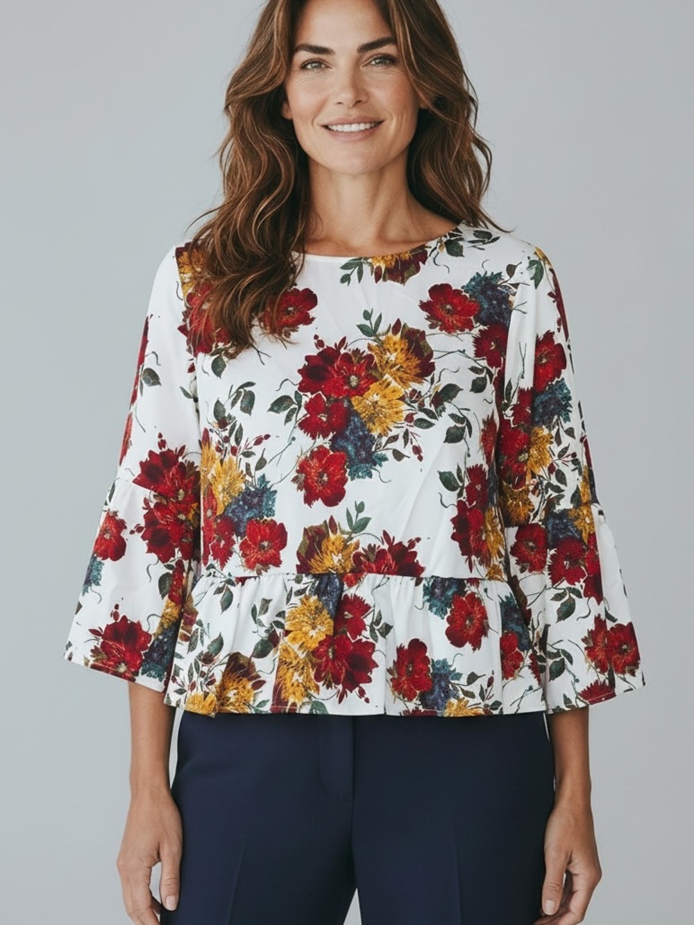 Time and Tru White Peplum Blouse with Red & Yellow Floral Print